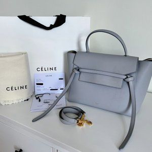 CELINE Mini Belt Bag in Grained Calfskin, Lt Grey (Original Receipt + Dust Bag)